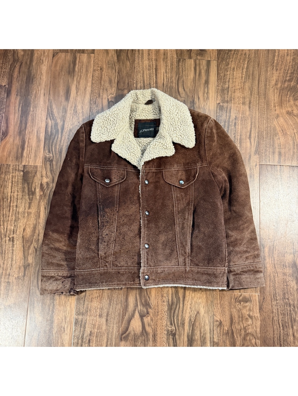 Vintage 70s JCPenney Suede Leather Sherpa Trucker Jacket 38 Brown Suede Coat